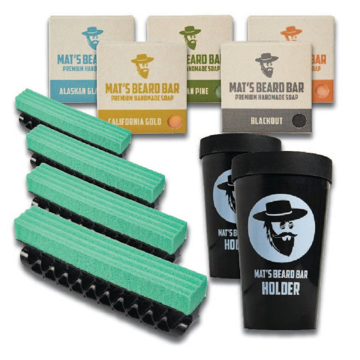 Mat's Beard Bar - Family Bundle - Beard Bar Pro v2.0 (4 count), Beard Bar Pro v2.0 Holder (2 count), Full Set Premium Bar Soap (5 count) - FLEXIBLE - Clean Up Beard Trimmings from Sinks and Countertops After Shaving - Best Gifts for Men